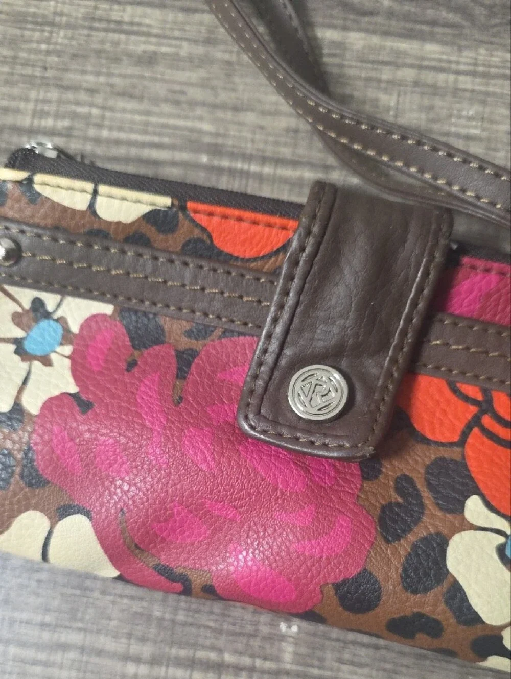 Relic Brown Floral Leopard Wristlet with Pink & Orange Accents